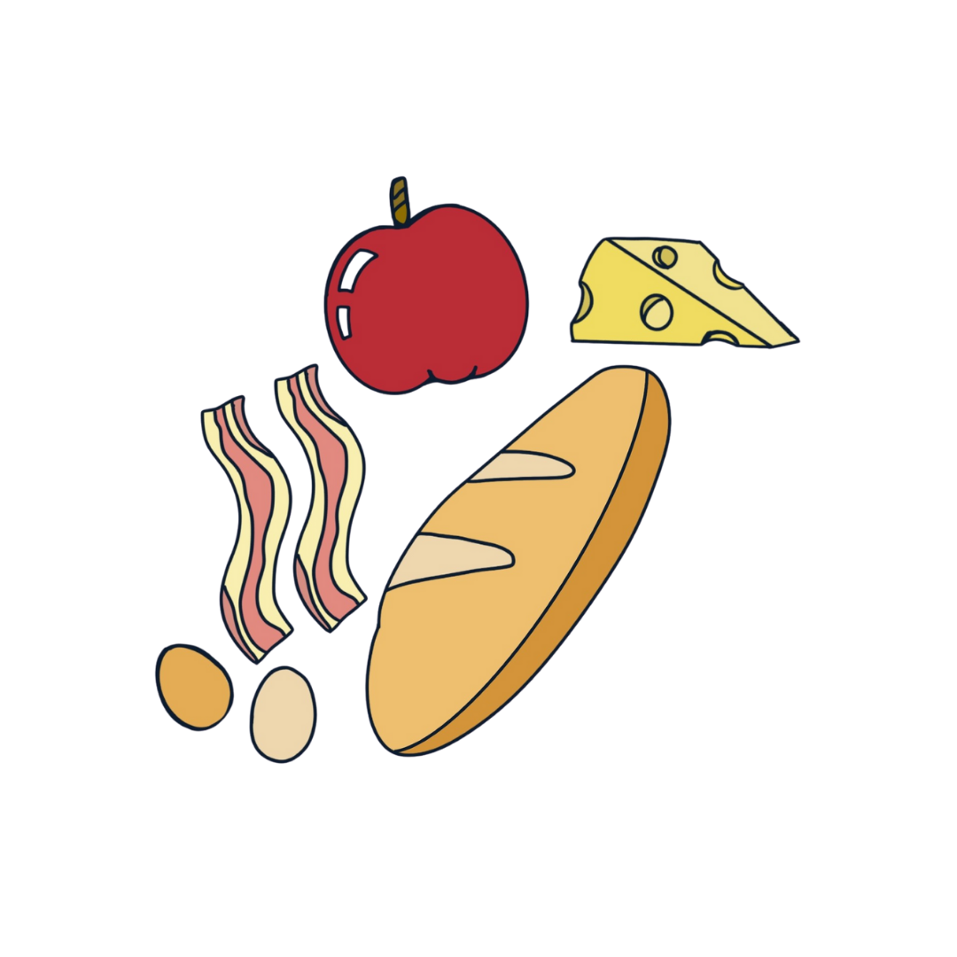 Bread, apple, cheese, bacon, eggs