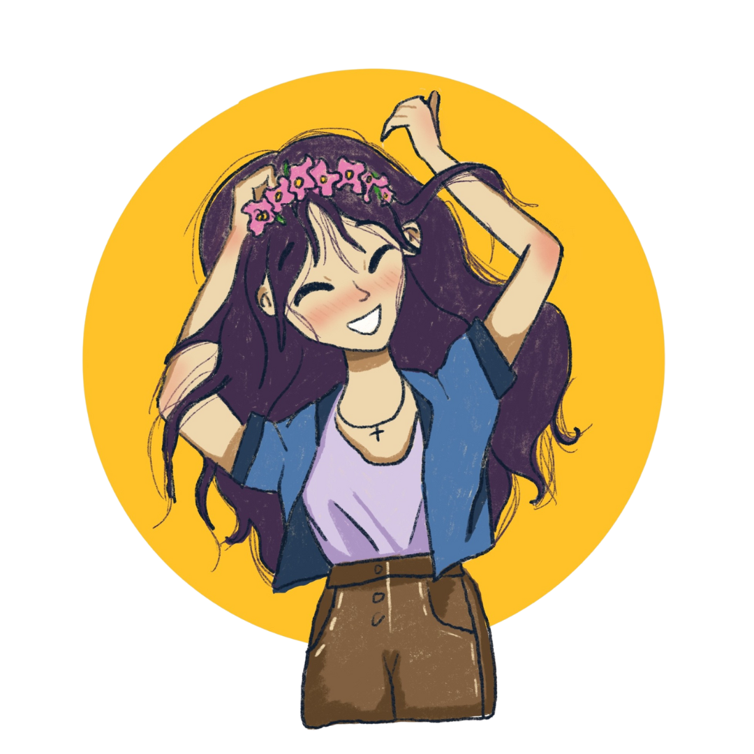 A woman dancing with flowers in her hair