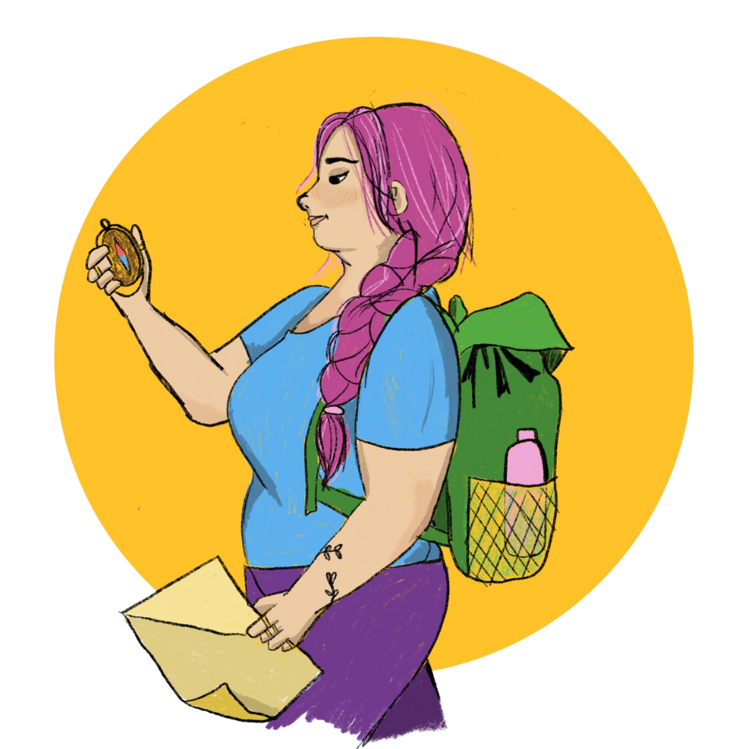 A woman walking with a compass and map