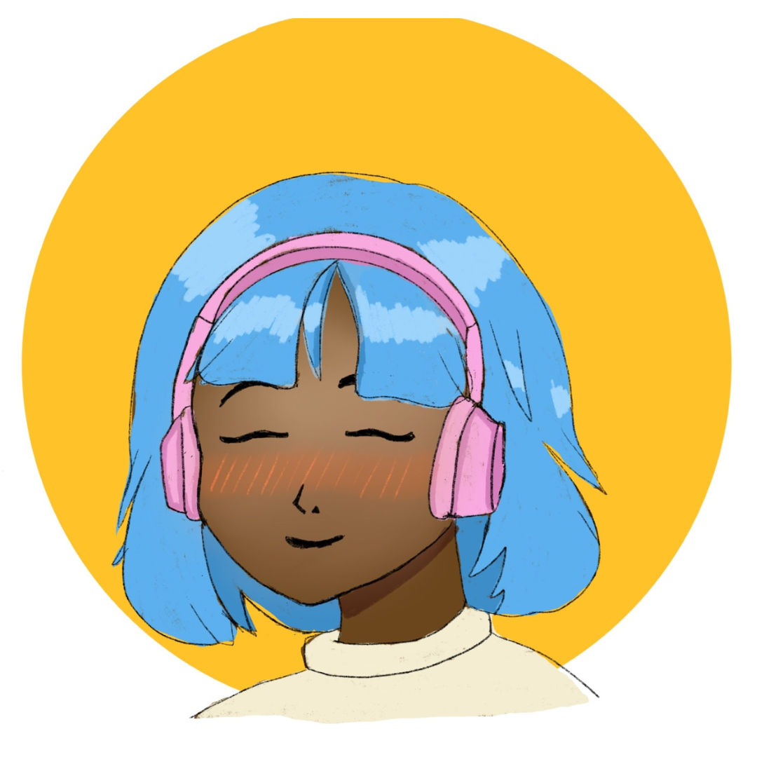 A girl listening to a podcast on pink headphones