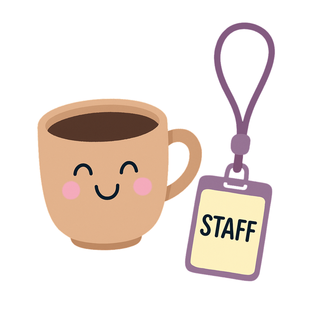 A cup of coffee and a staff lanyard
