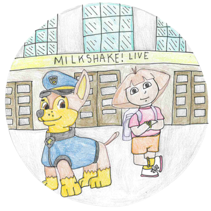 Dora the explorer and Chase outside the Assembly Hall