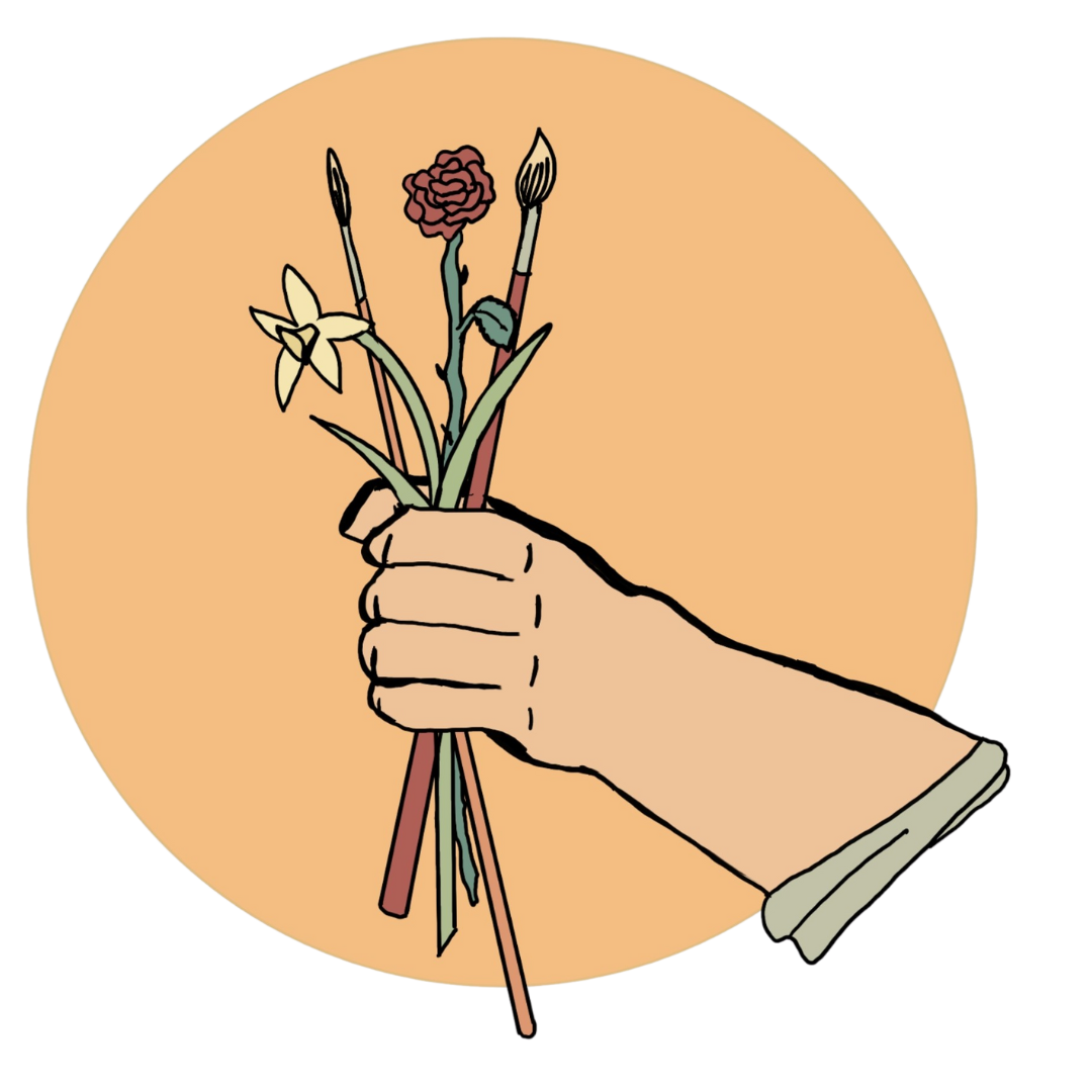 A hand holding paintbrushes and flowers