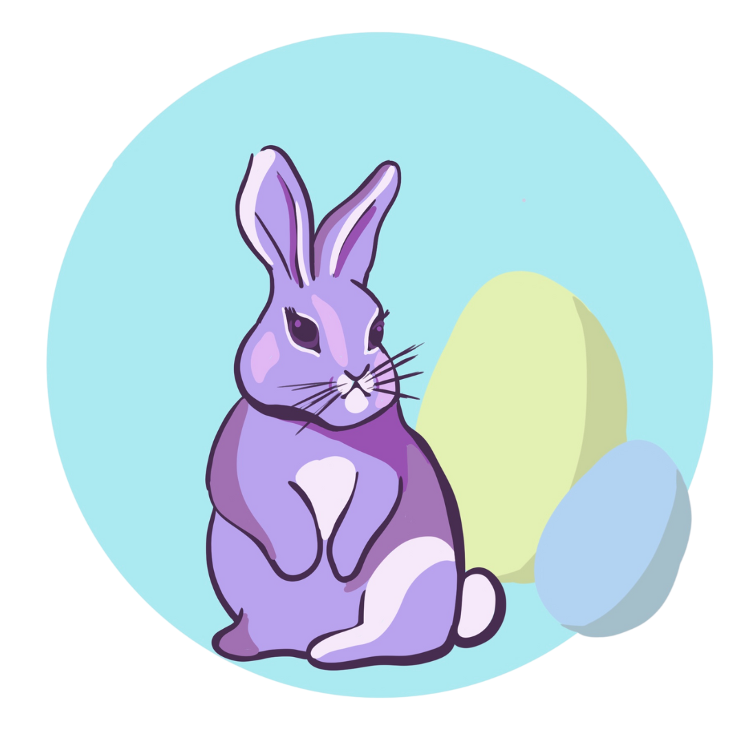 A bunny next to some easter eggs