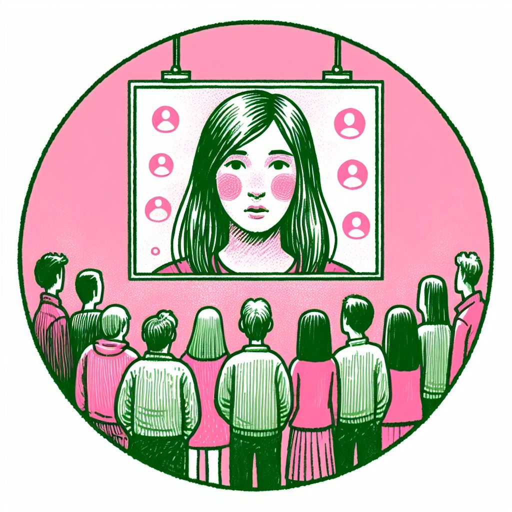 A group of people looking at  a portrait of a gir.