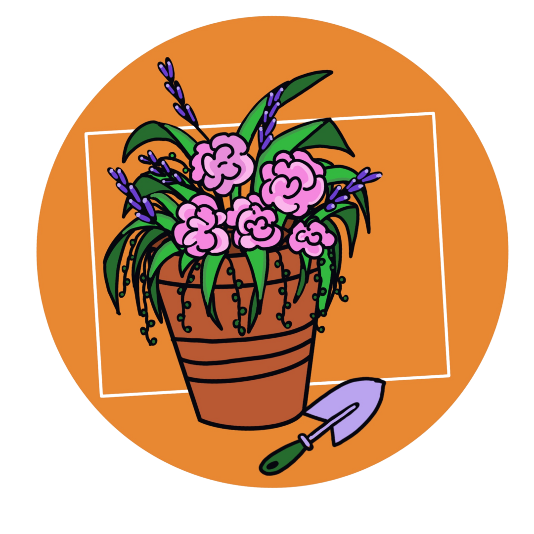 A flower pot and trowel