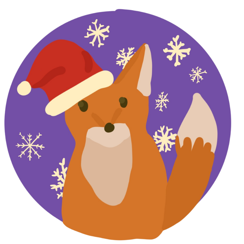 A fox wearing a christmas hat over one ear.