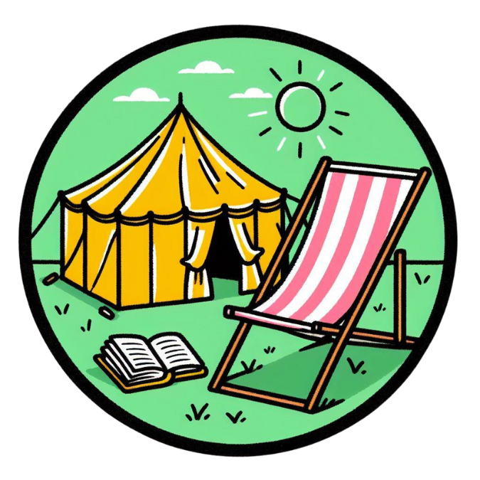 A deckchair in a park next to a marquee 