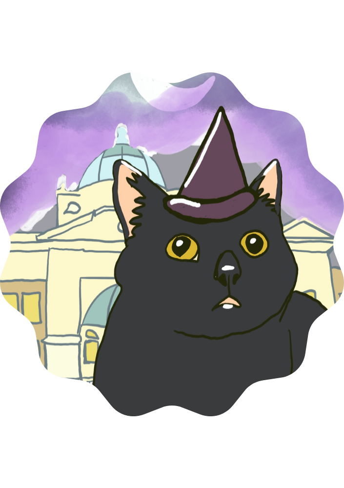 A black cat in Royal Tunbridge Wells with a witch's hat on