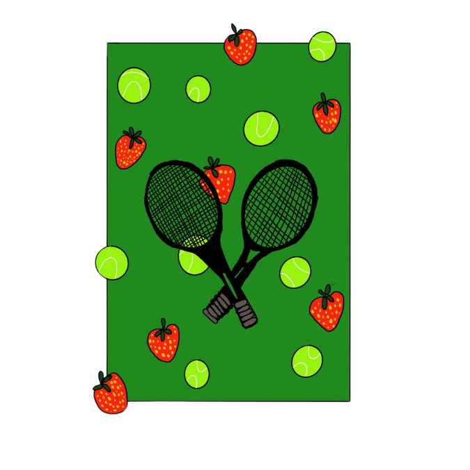 Tennis rackets, tennis balls and strawberries.